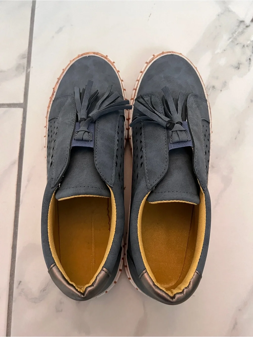 Women’s Orthoback Navy Tassel Slip-On Loafers with Mustard Lining